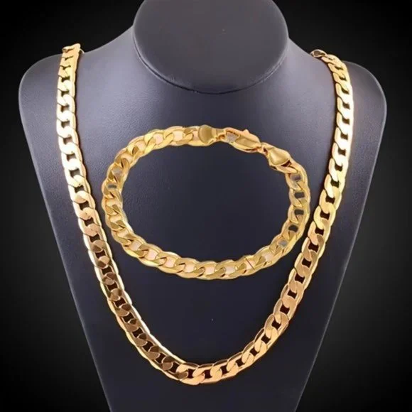 2pcs 18k Golden Plated Cuban Chain - Stylish Fusion of Bracelet and Neck… - Picture 3 of 8